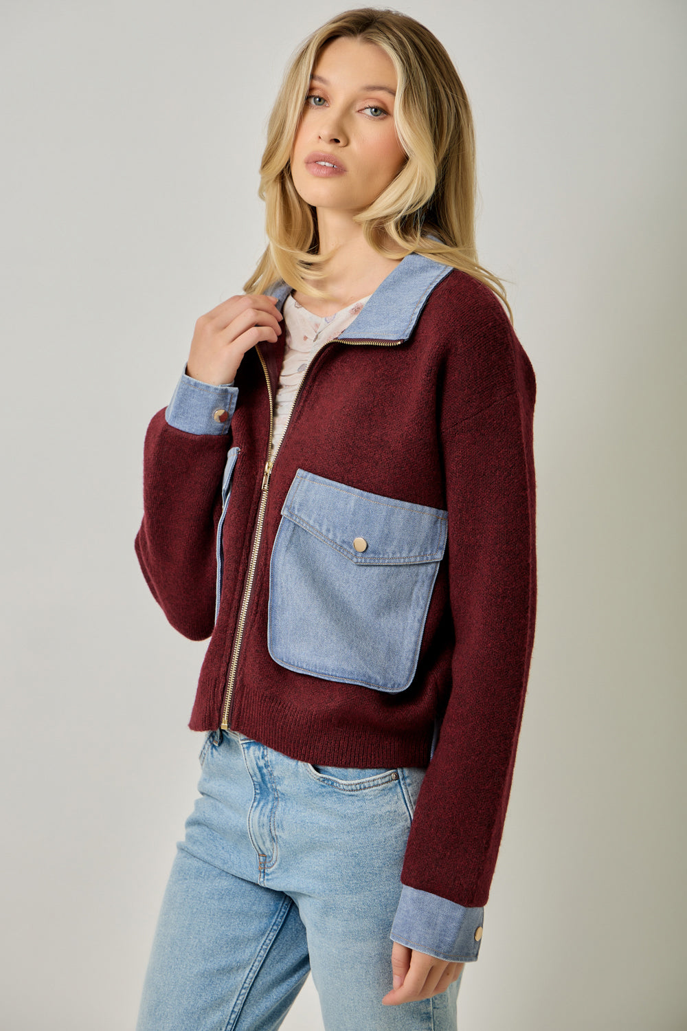 Denim Contrast Front Zip Sweater Jacket