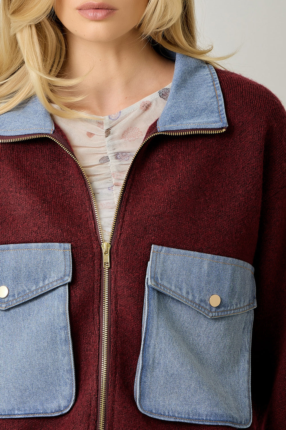 Denim Contrast Front Zip Sweater Jacket
