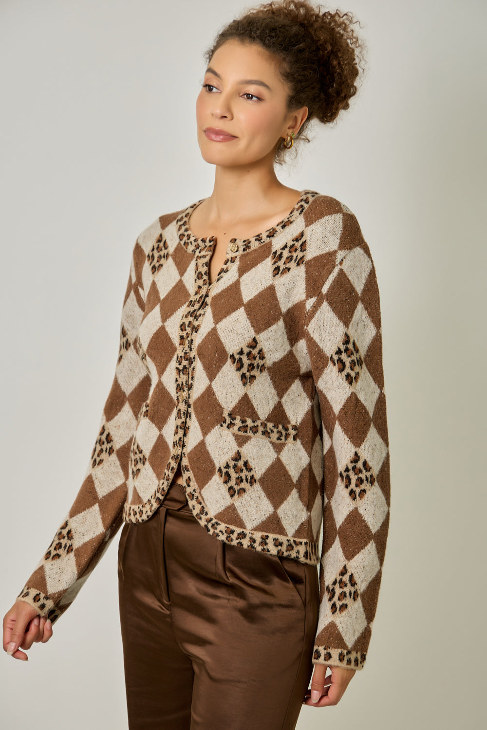 Argyle Leopard Jacquard Sweater Cardigan