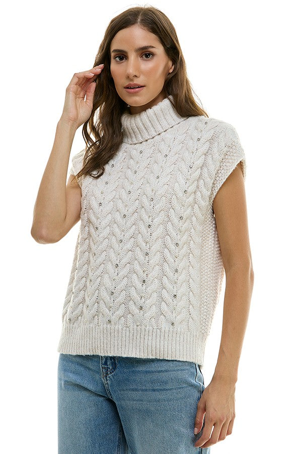 Pearl Crystal Turtleneck Sweater Tank Ivory