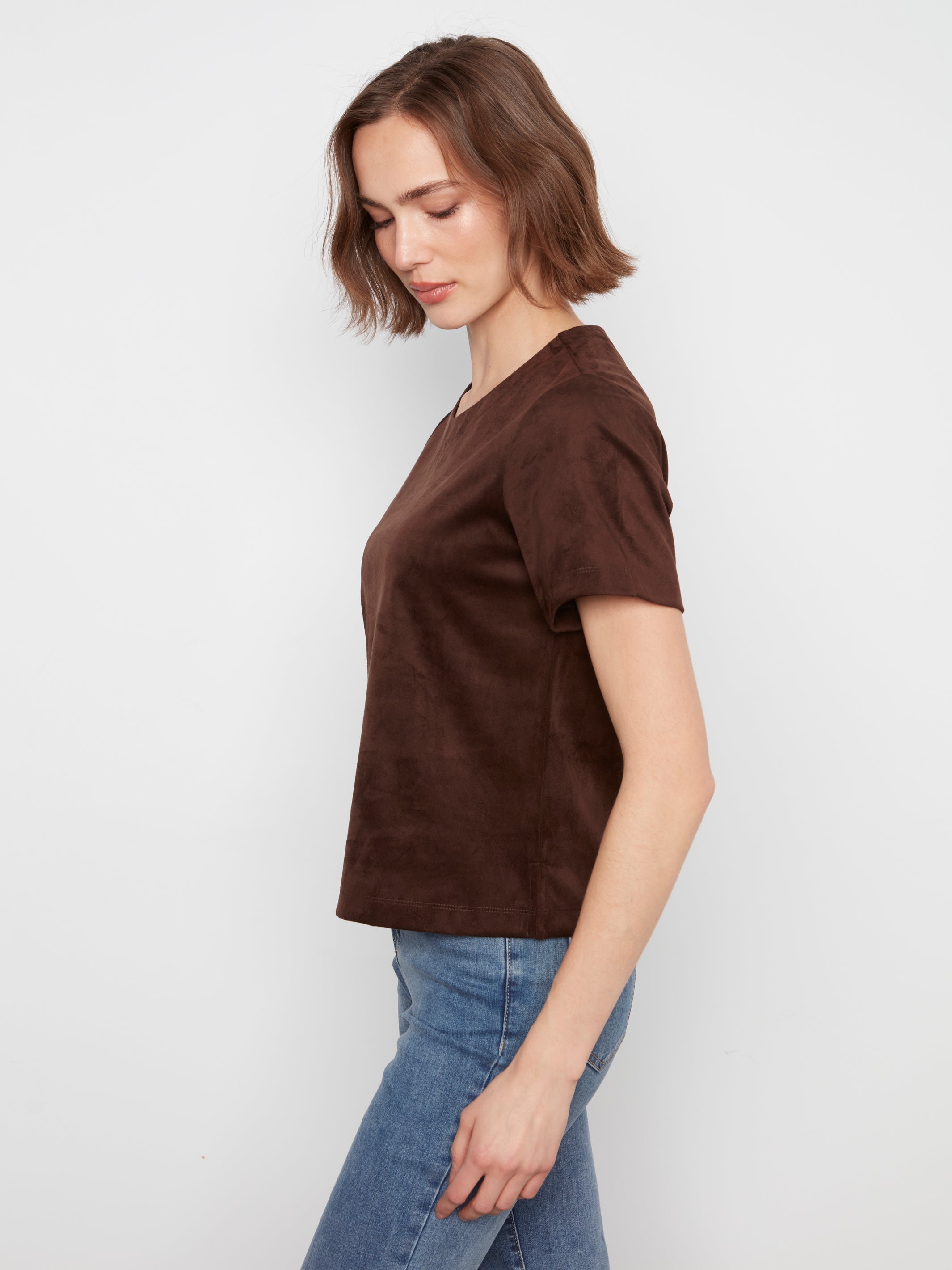 Back Zipper Suede Short Sleeve Top Coffee