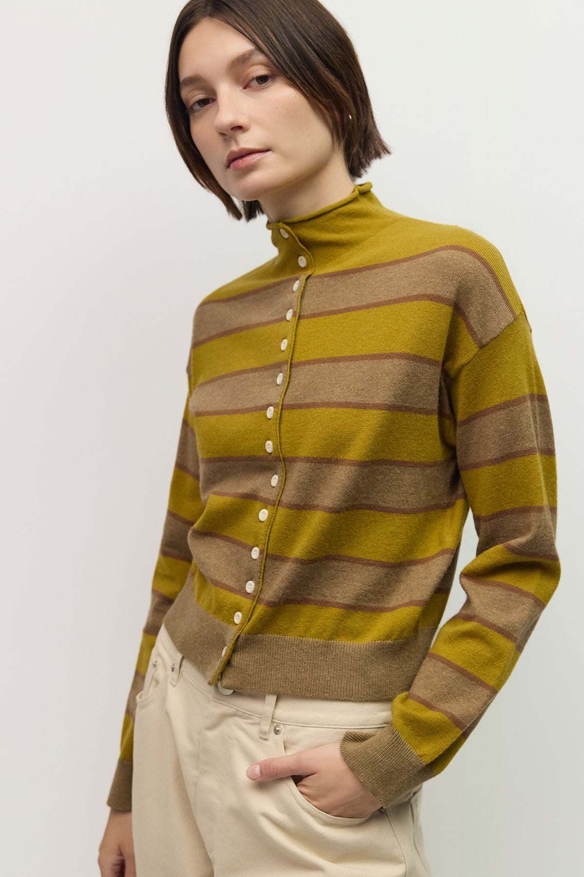 Claude Cardigan Chartreuse, Taupe + Brown