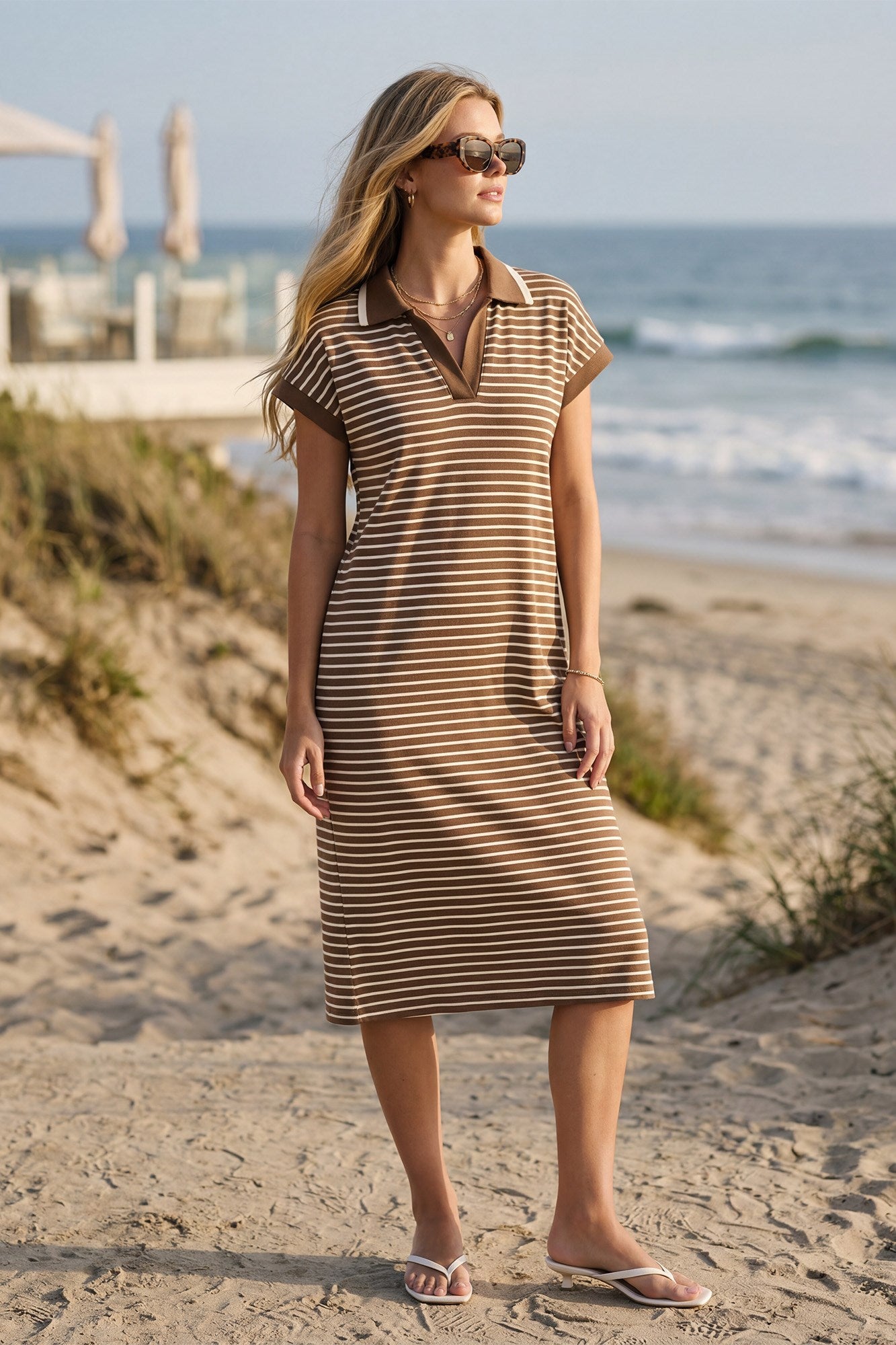 Drop Shoulder Stripe Collared Midi Dress Mocha