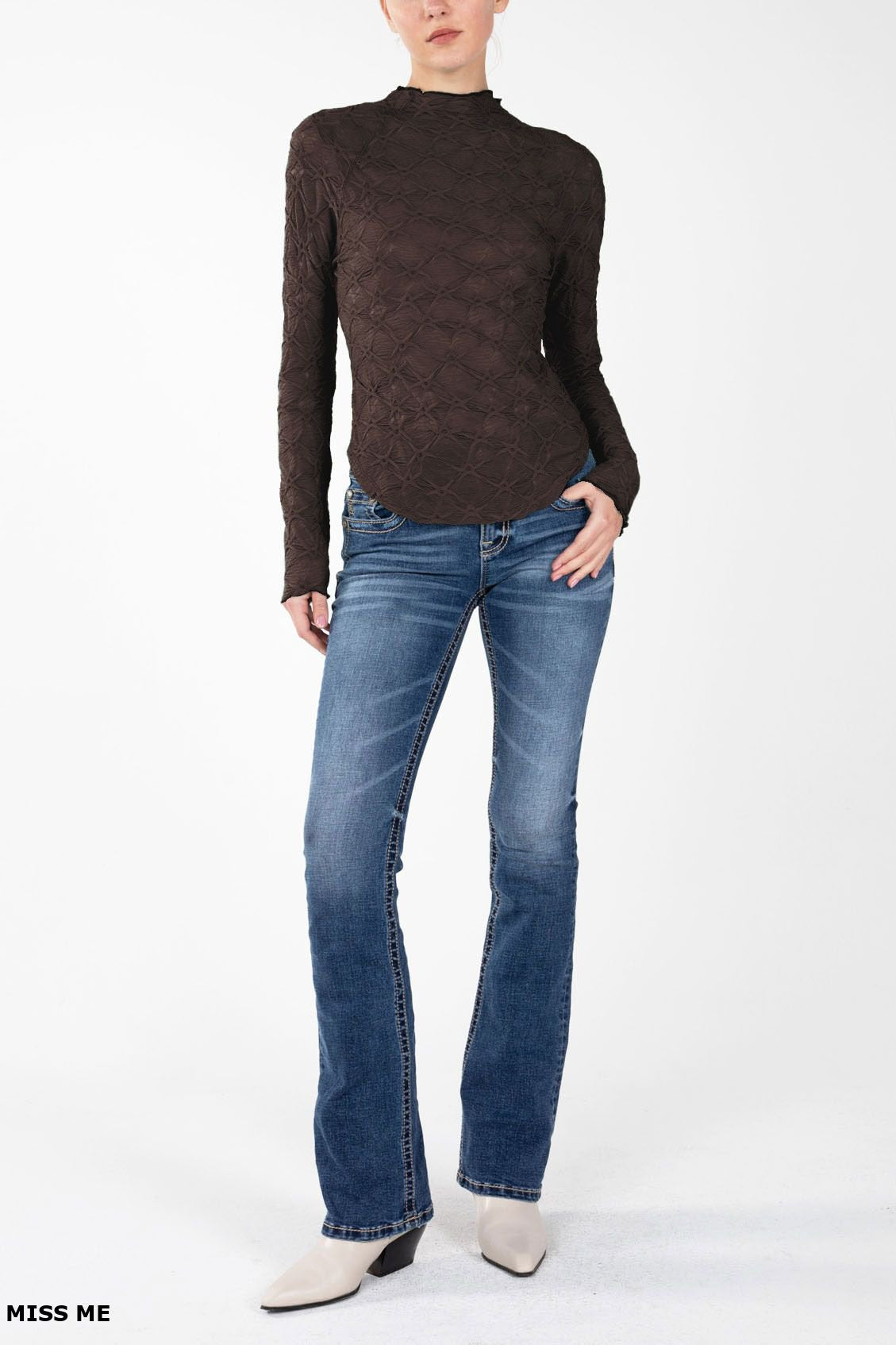 Textured Rounded Hem Mock Neck Long Sleeve Top Chocolate Brown