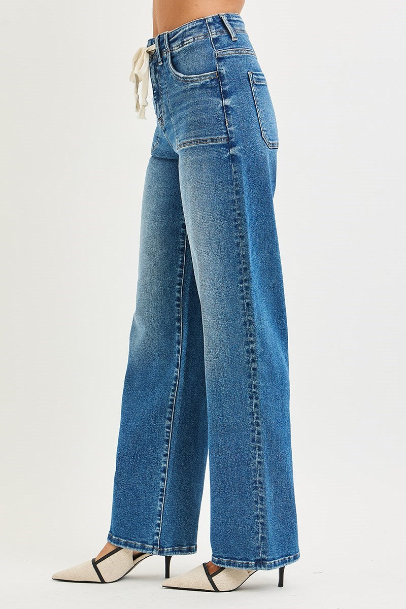 Tied Waistband High Rise Wide Baggy Jeans Dark