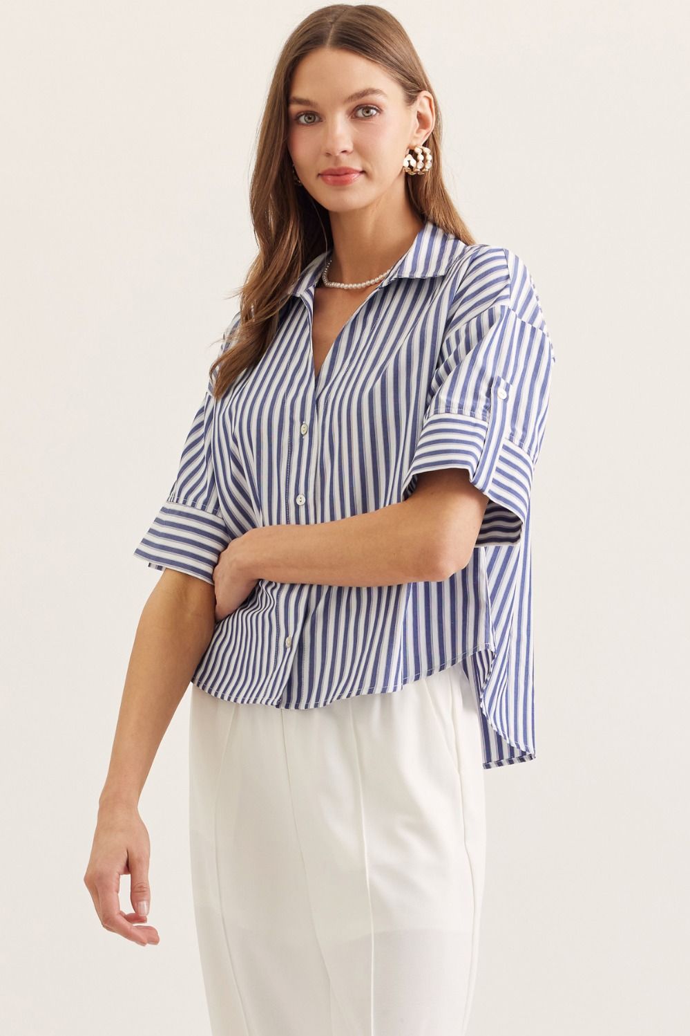 3/4 Sleeve Long Crop Button Up Navy