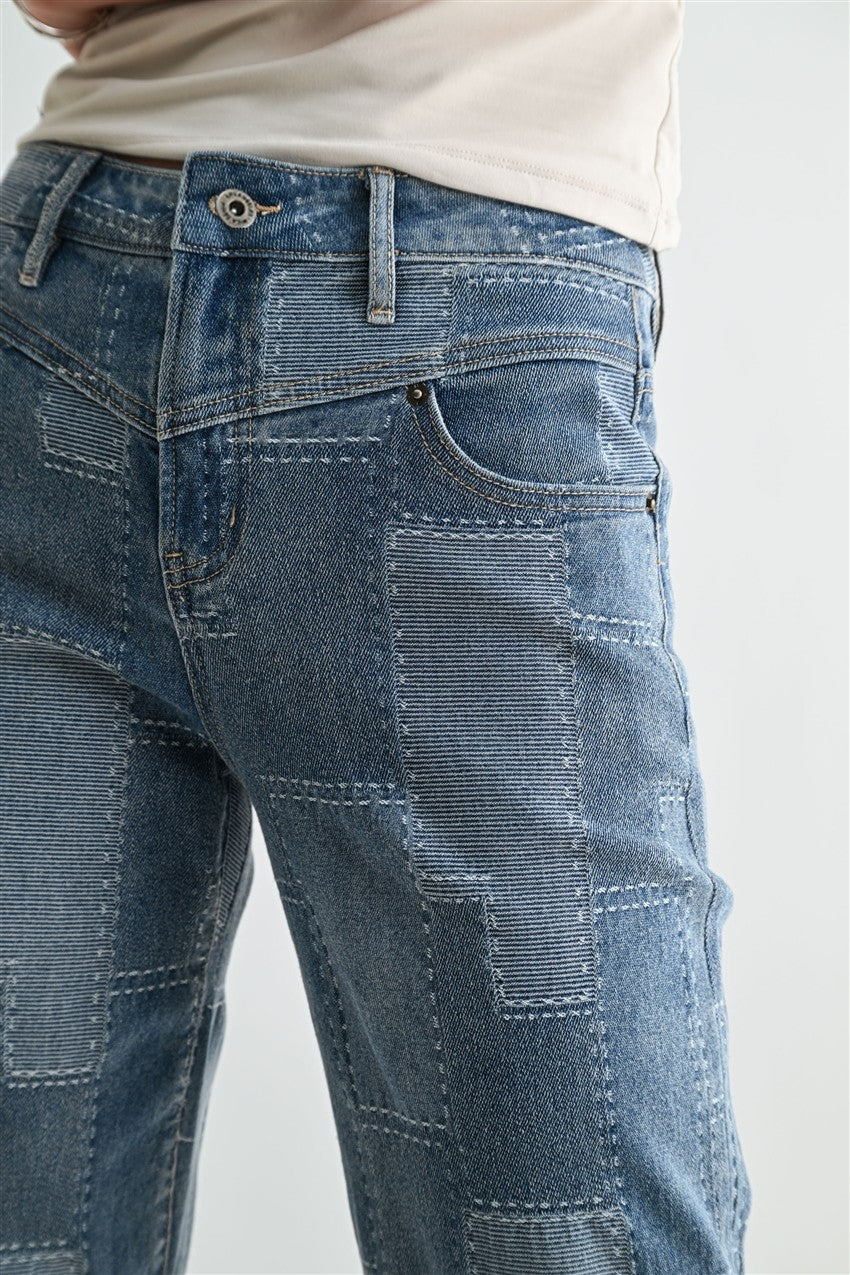High Rise Patchwork Wide Leg Ankle Jeans Patch Blue