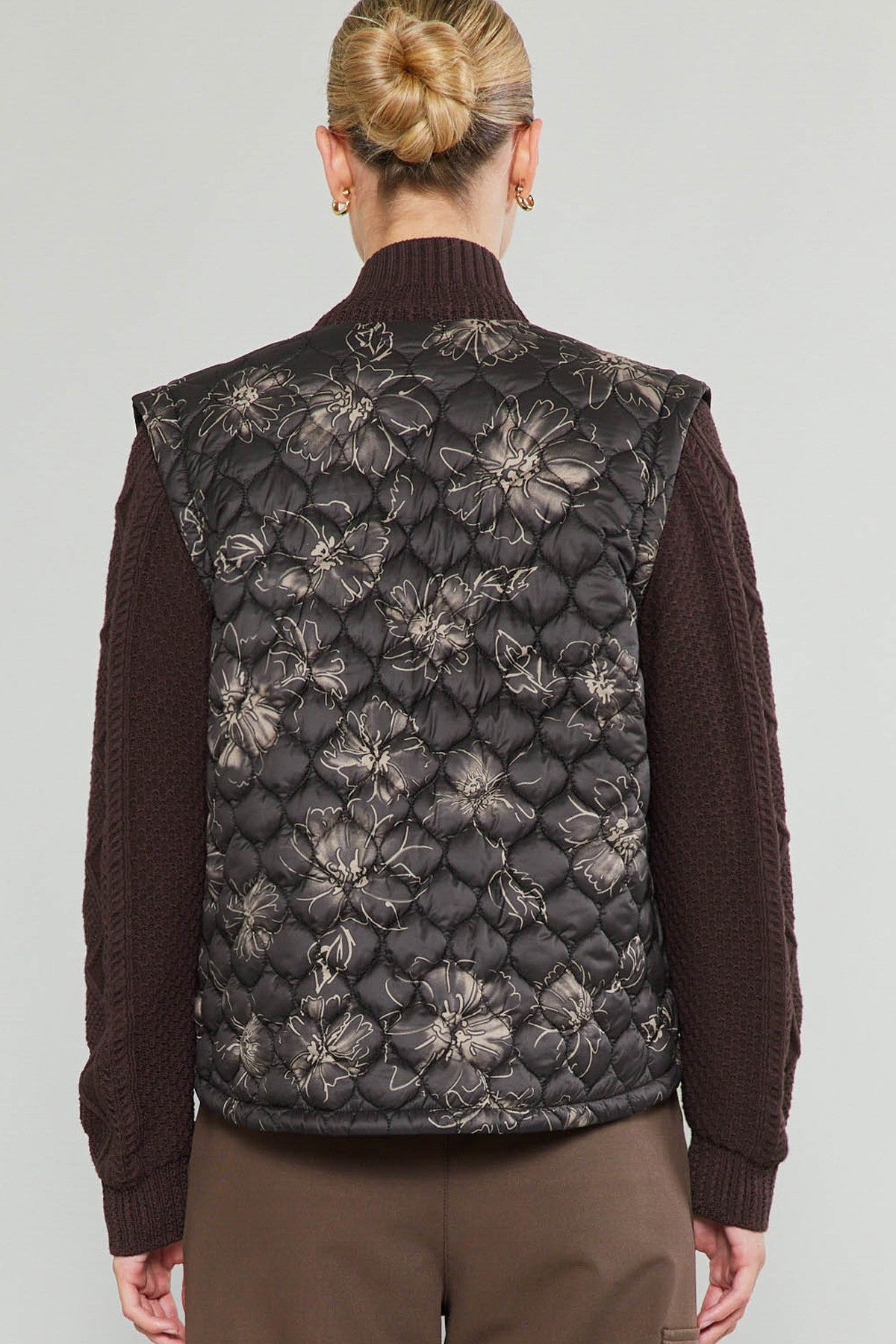 Quilted Floral Sweater Sleeve Jacket Black Floral