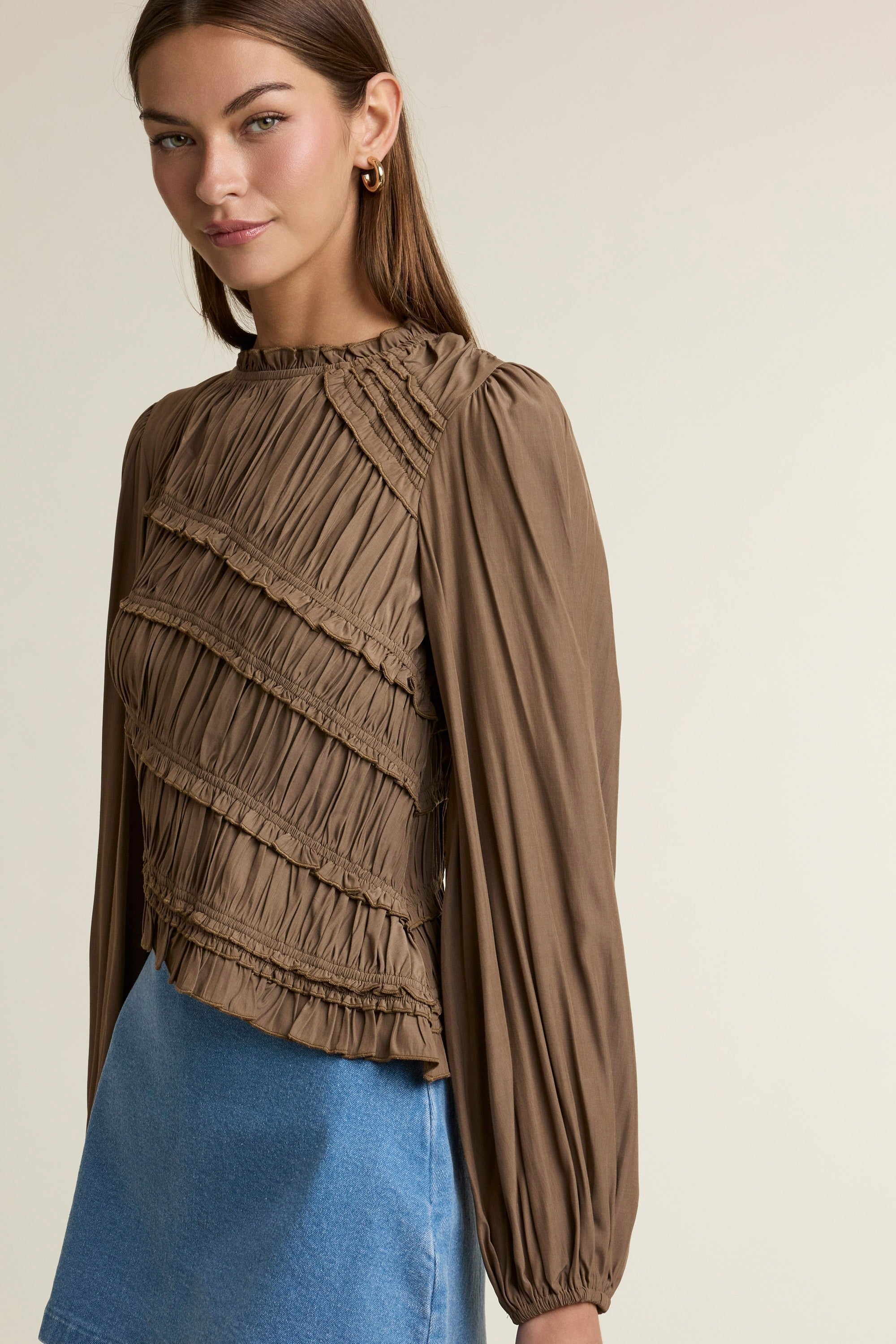 Ruched Long Sleeve Asymmetric Hem Top Brown