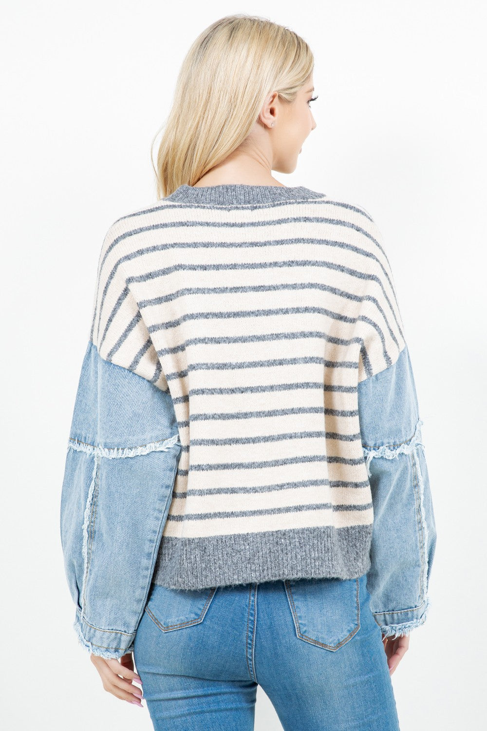 Frayed Denim Puff Sleeve Striped Sweater Grey