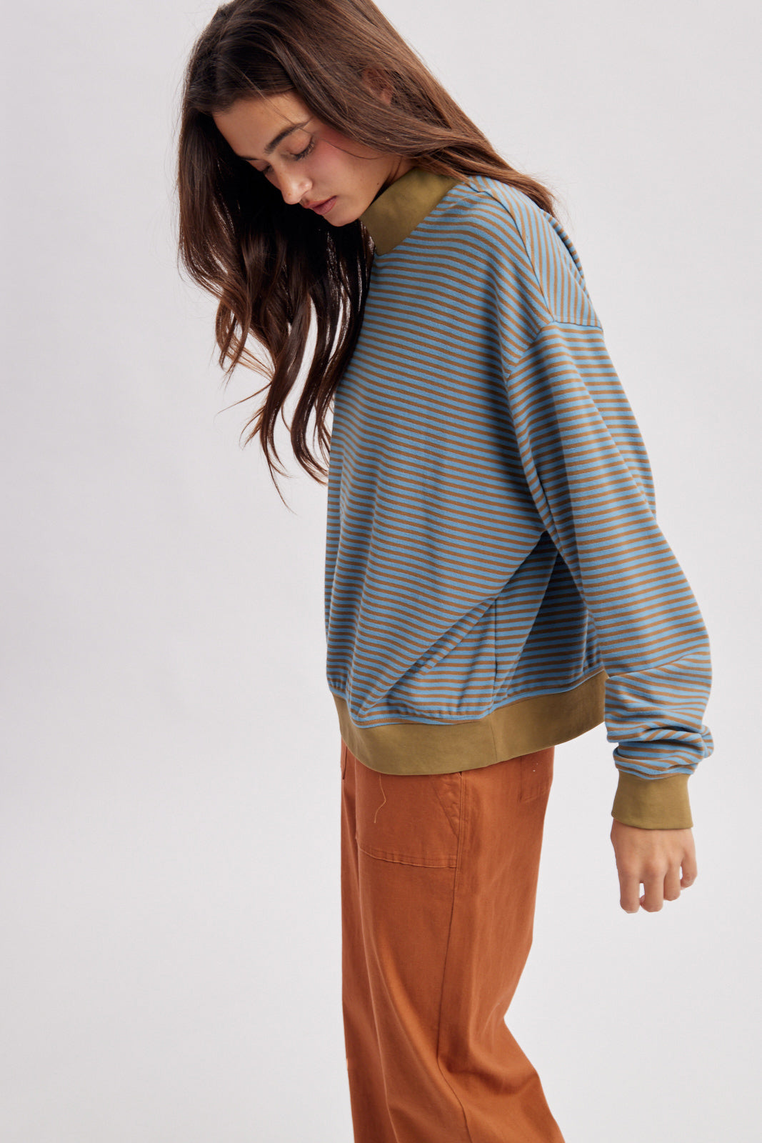 Striped Mock Neck Knit Top Camel + Blue
