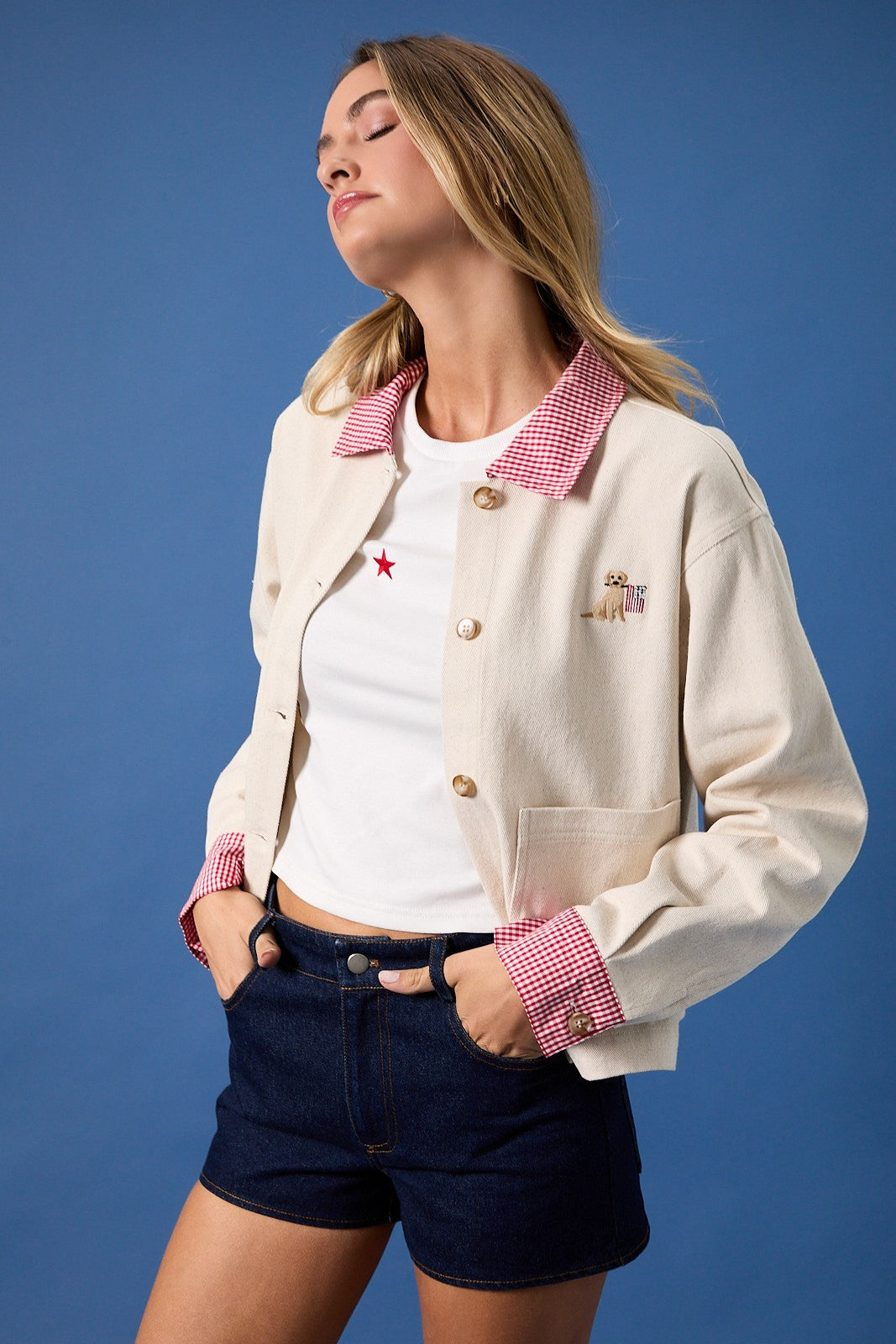 Dog Embroidered Denim Cropped Barn Jacket Ivory