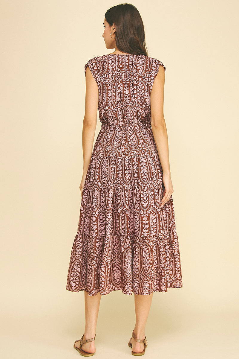 Bohemian Leaf Print Tiered Midi Dress Brown + Pink