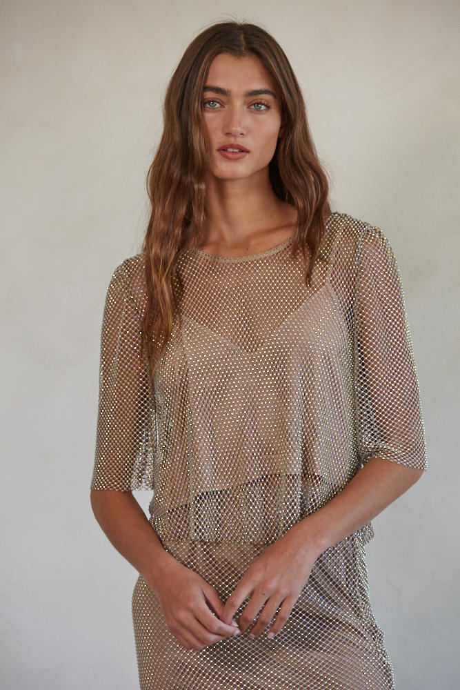Bellamy Fishnet Crystals Top Taupe