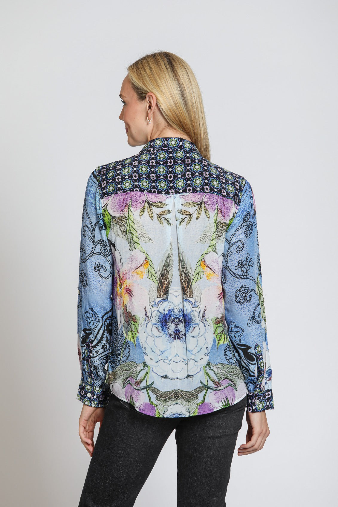 Mixed Print Button Up Rolled Sleeve Shirt Blue Multi