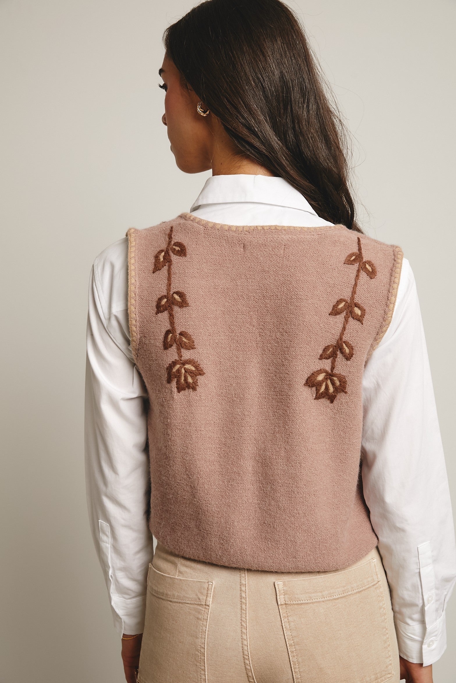 Floral Tie Front Knit Vest Mocha