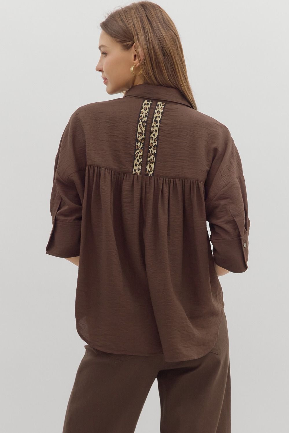 Solid 3/4 Cuff Sleeve Printed Trim Top Brown