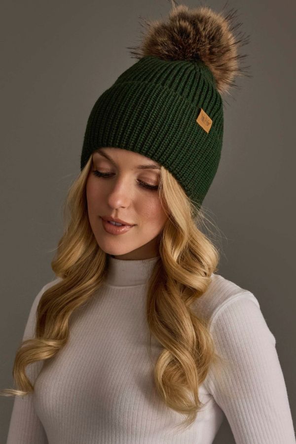 Solid Ribbed Knit Pom Hat Green