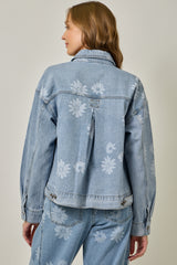 Daisy Print Oversized Denim Jacket Light Denim Blue