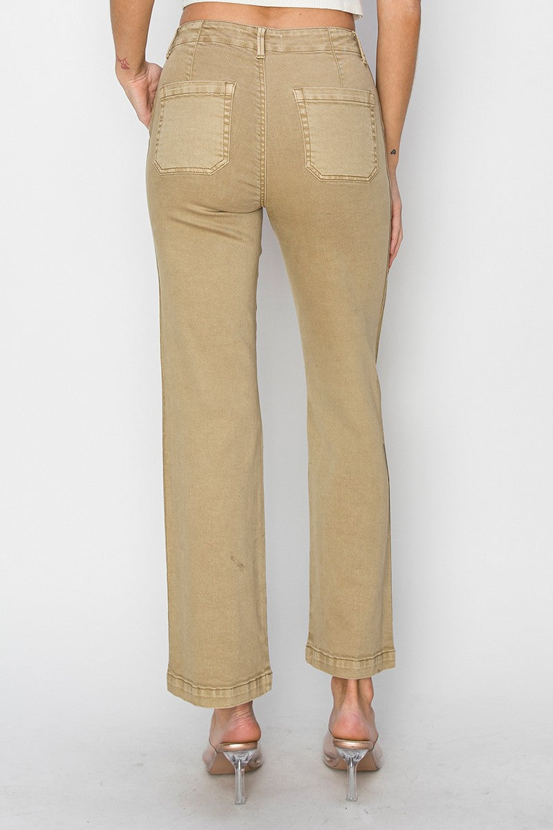 High Rise Side Twill Tape Detail Straight Pants Sand