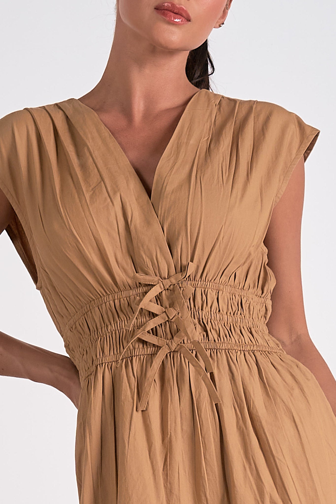 Triple Bow Waist Detail Cap Shoulder Midi Dress Taupe