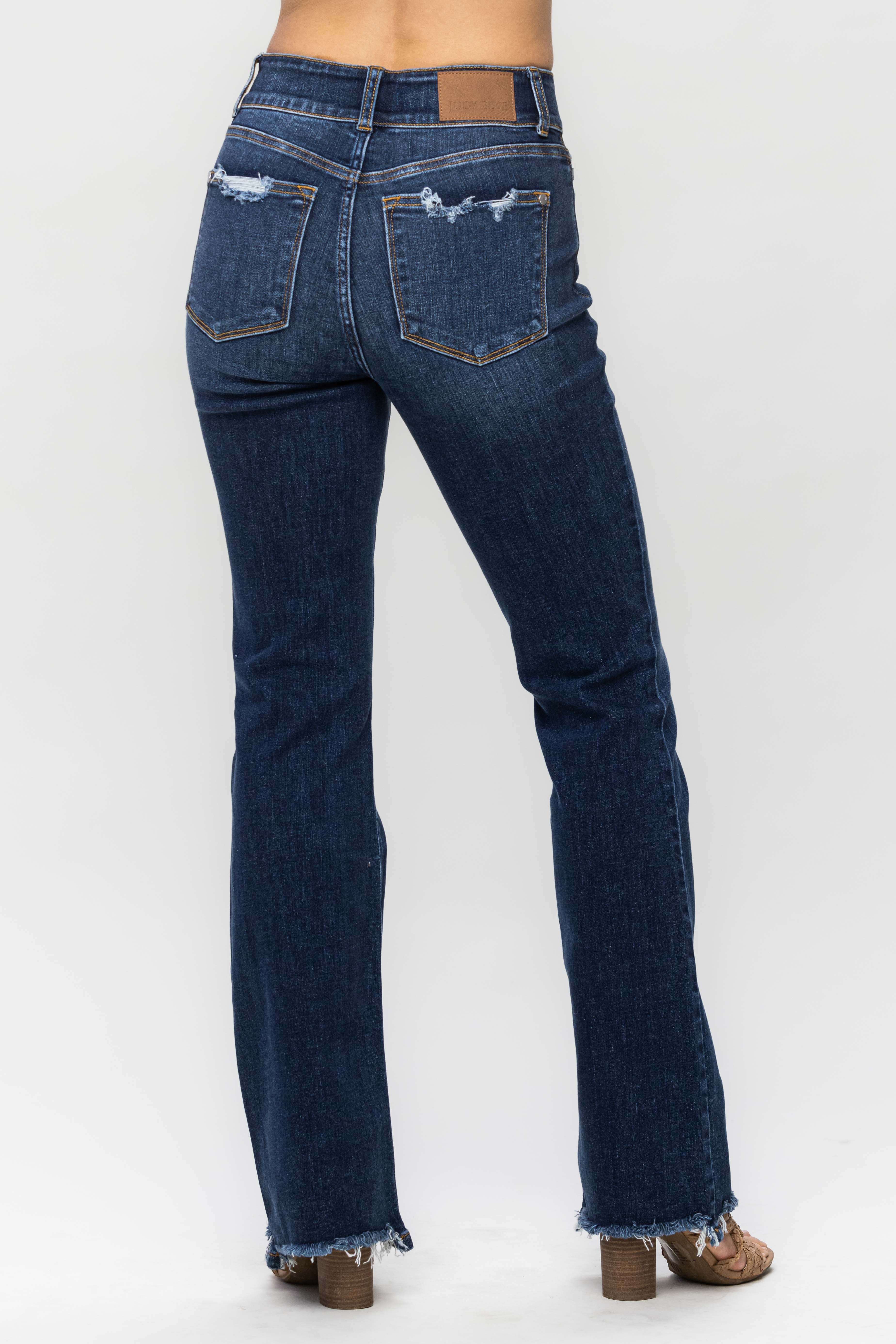Double Button High Waist Vintage Frayed Hem Bootcut Jeans Dark