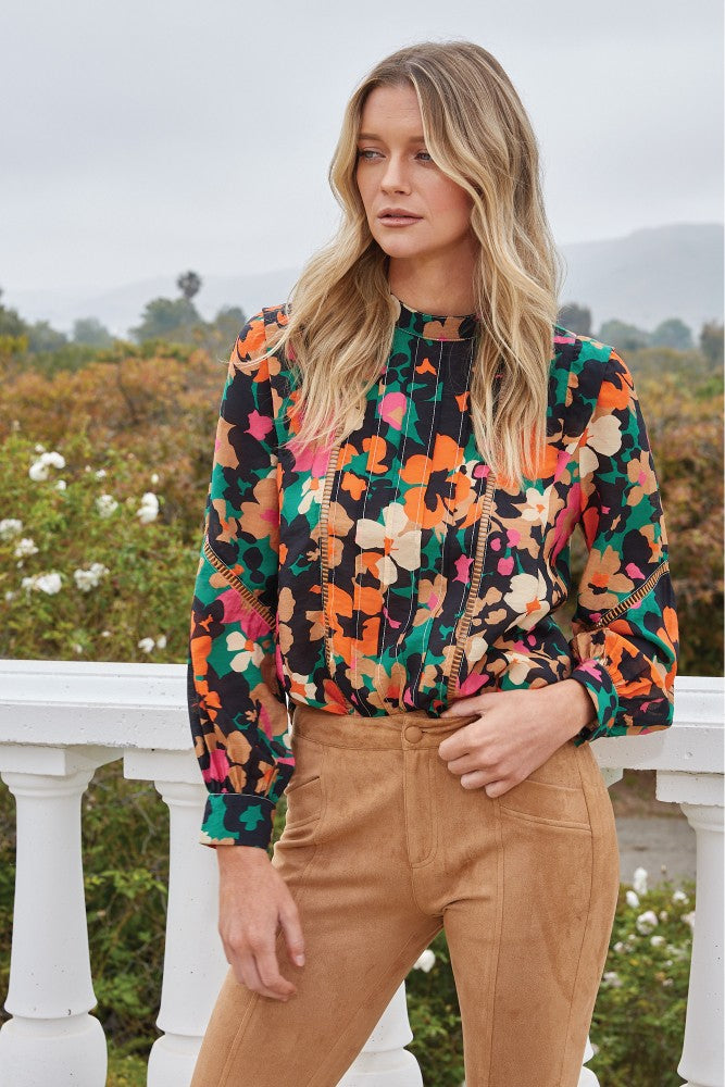 Floral Tucked Detail Lace Insert Blouse Navy Multi