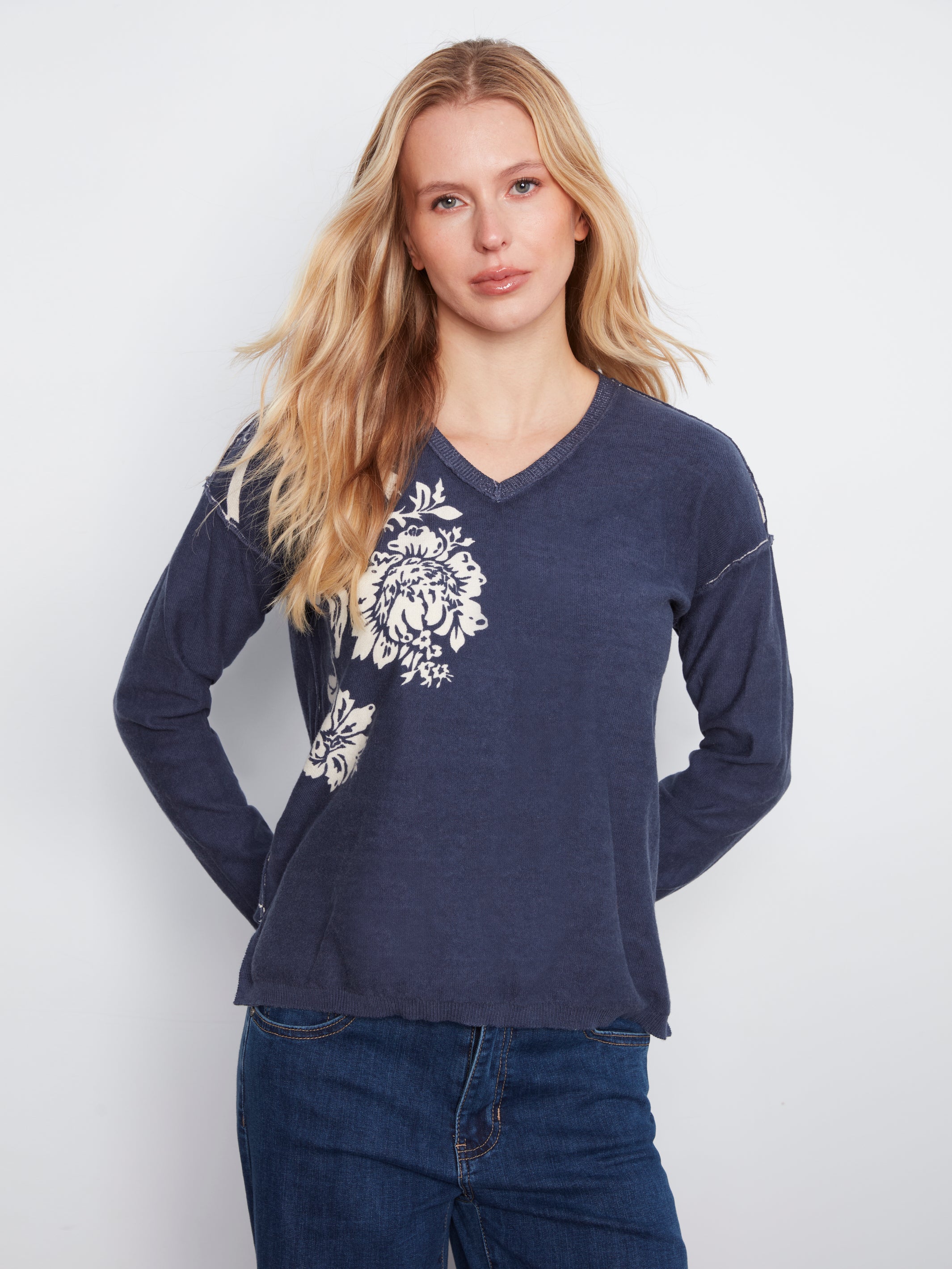 Reverse Print Floral Vneck Sweater Flowers