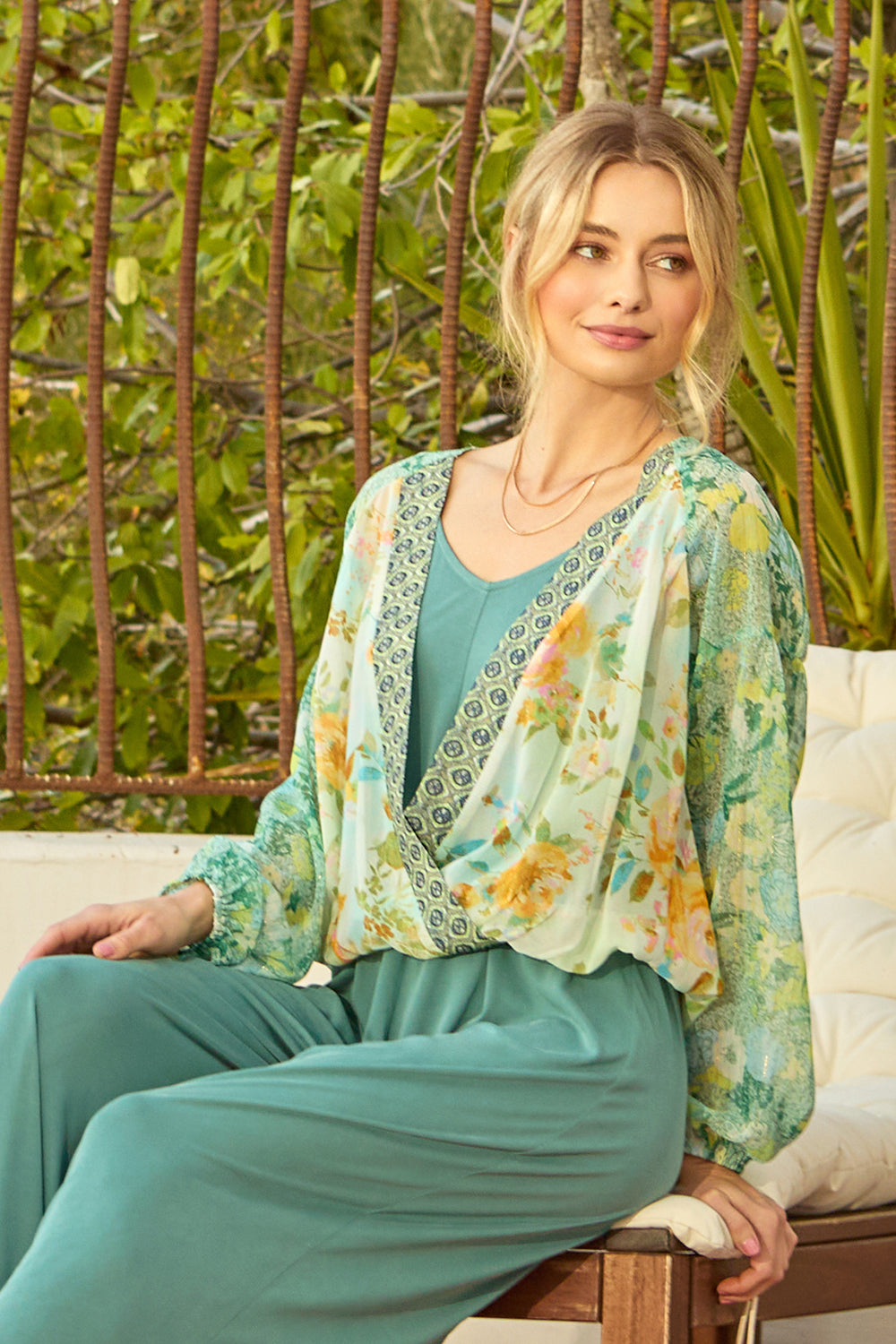Mix Border Print Surplice Top Green Mix