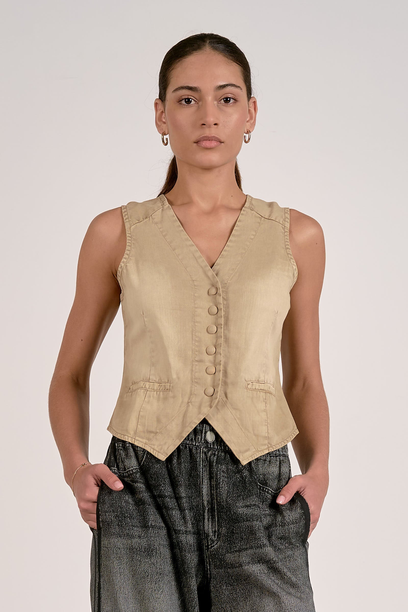 Covered Button Vest Top Khaki