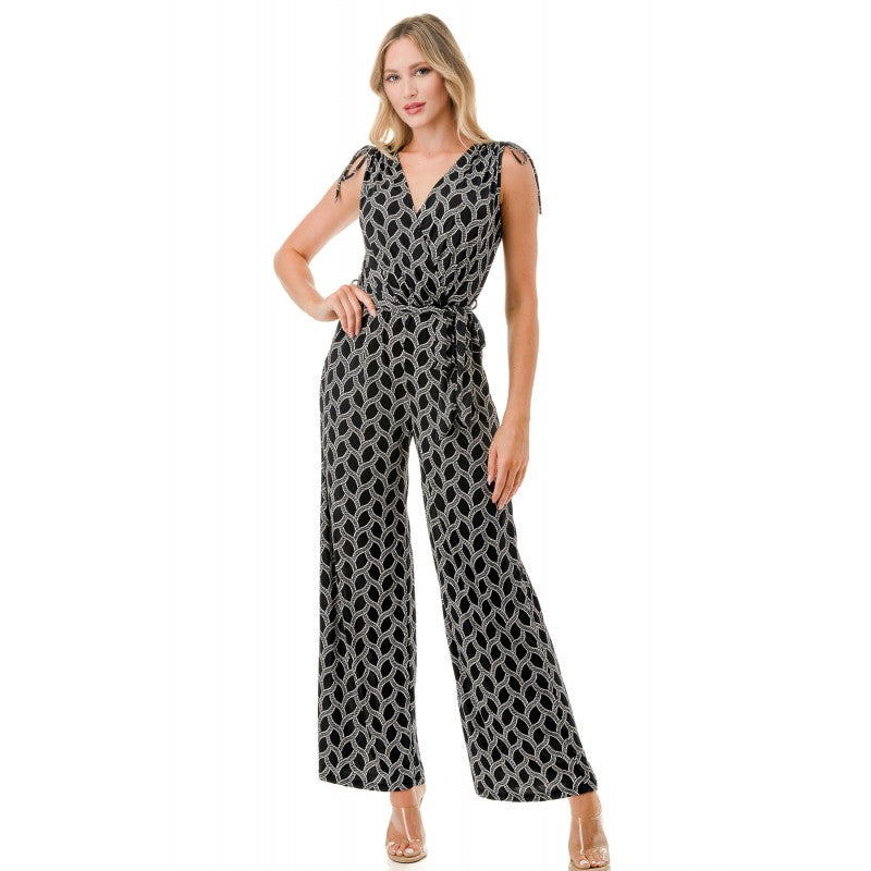 Tie Shoulder Belted Wide Leg Jumpsuit Black White Wave Chain
