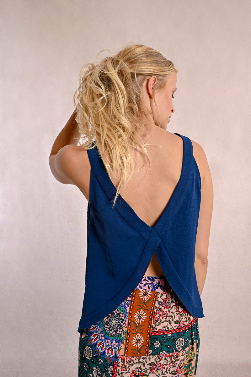 Crepe Open Crossover Back Tank Navy