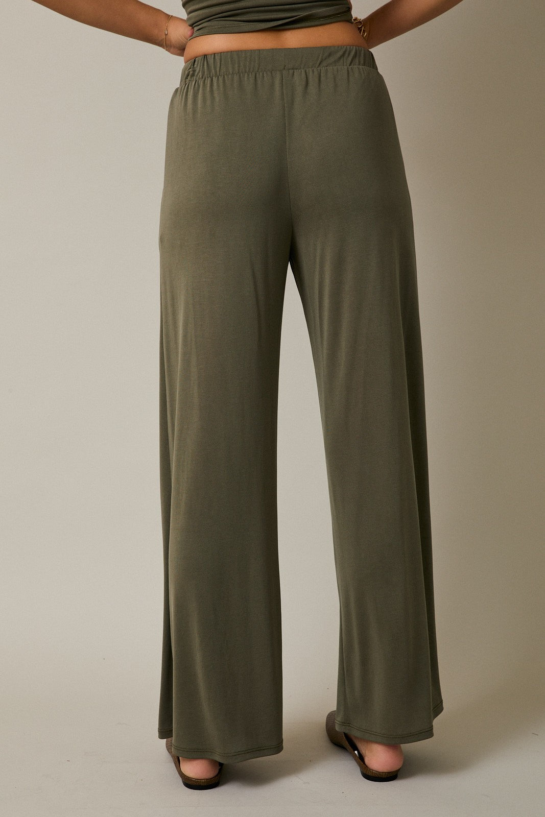 Drawstring Elastic Waist Wide Leg Pants Olive