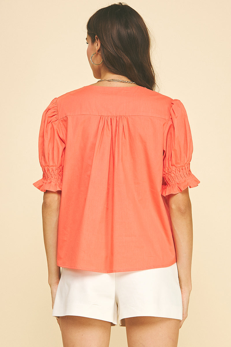 Tucked Detail Button Down Blouse Top Sun Orange