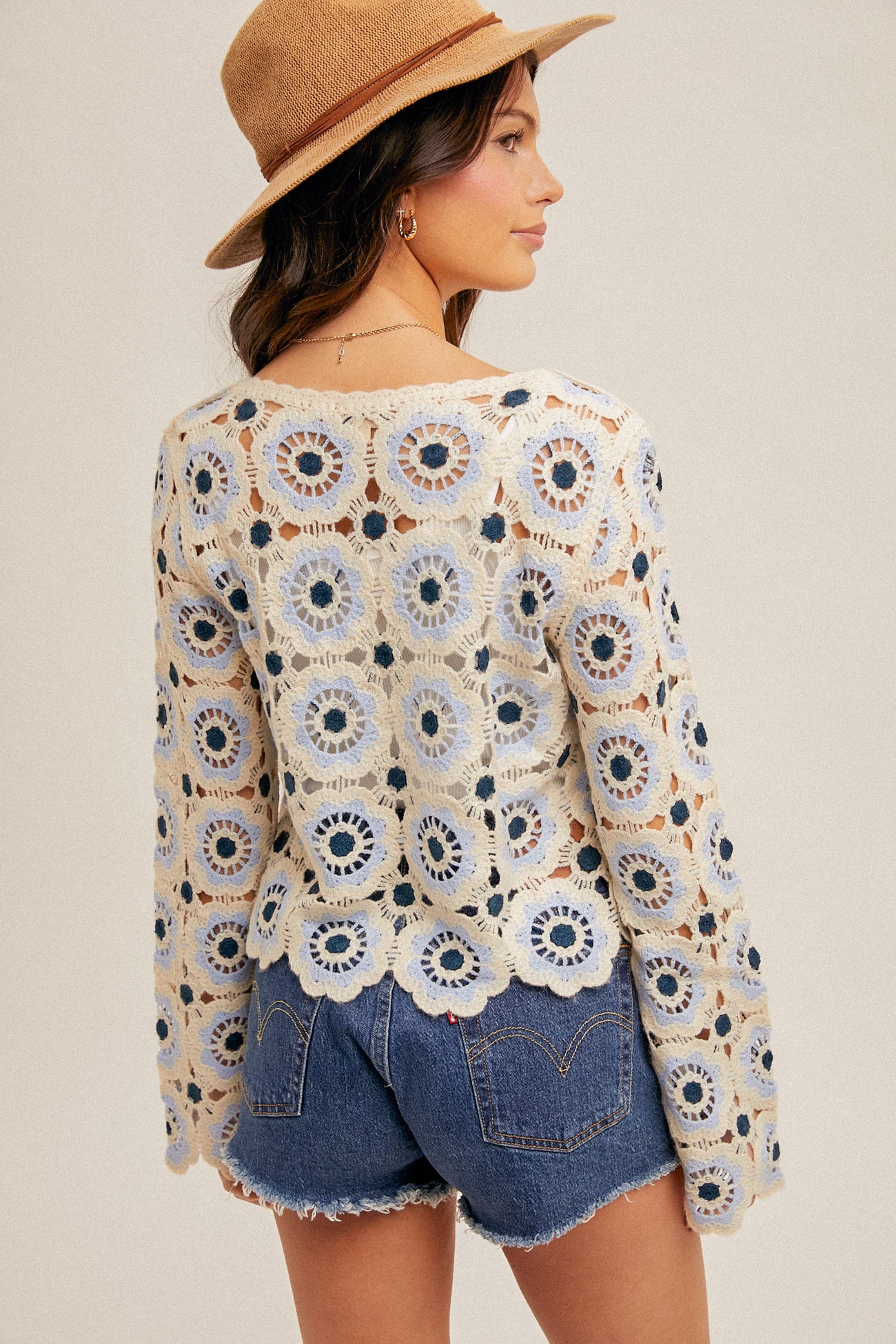 Floral Crochet Knit Top Ivory