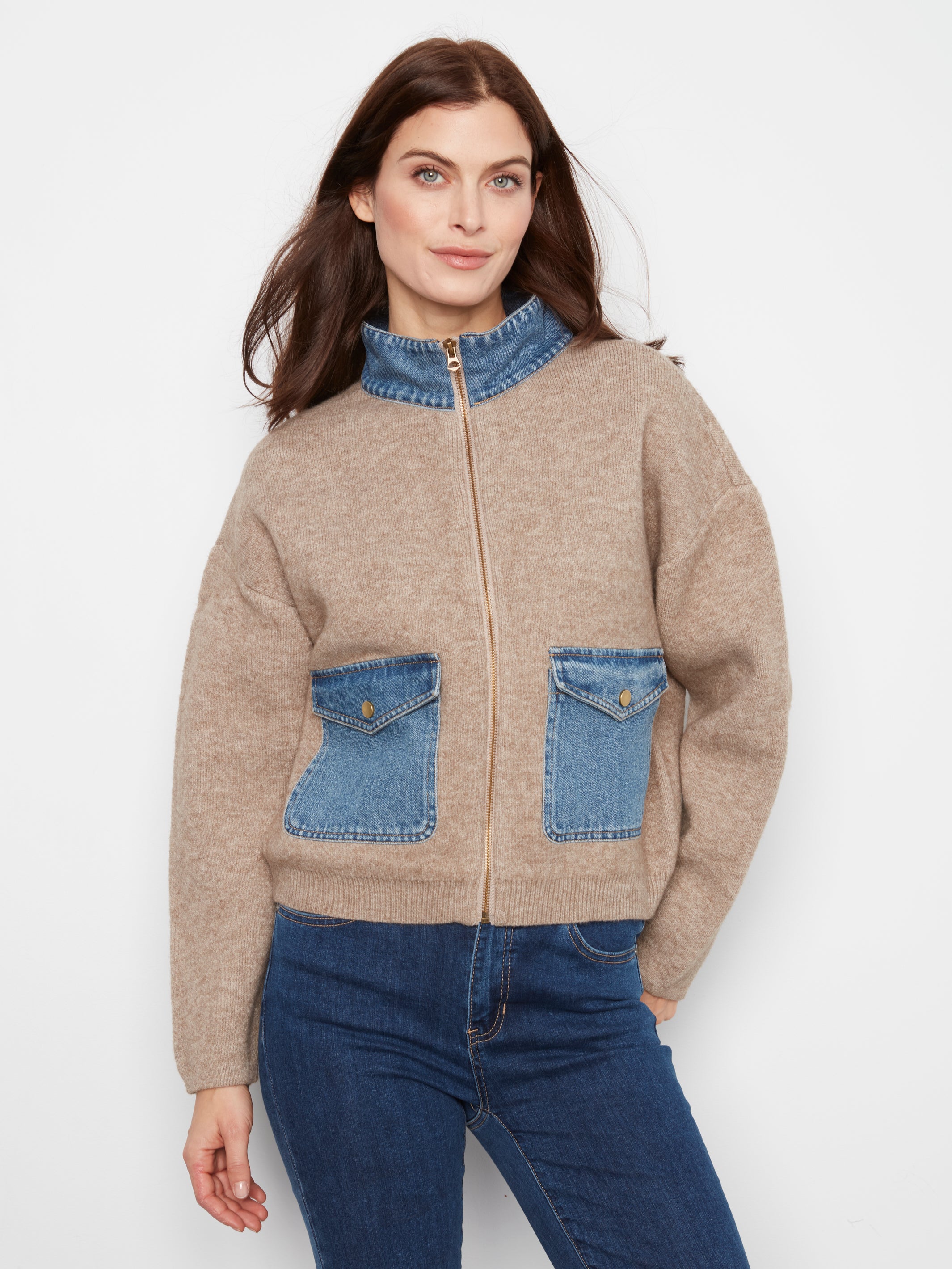 Denim Pocket Zipped Sweater Jacket Heather Sand