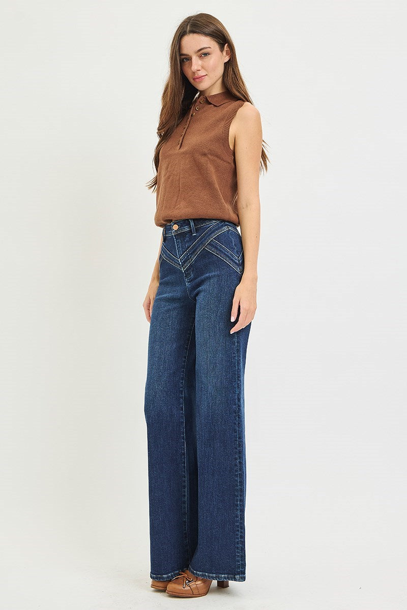 High Rise Wide Leg Western Yoke Detail Jeans Dark