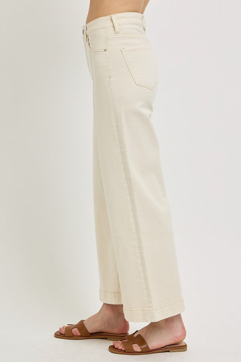 Tummy Control High Rise Crop Detail Wide Jeans Ivory