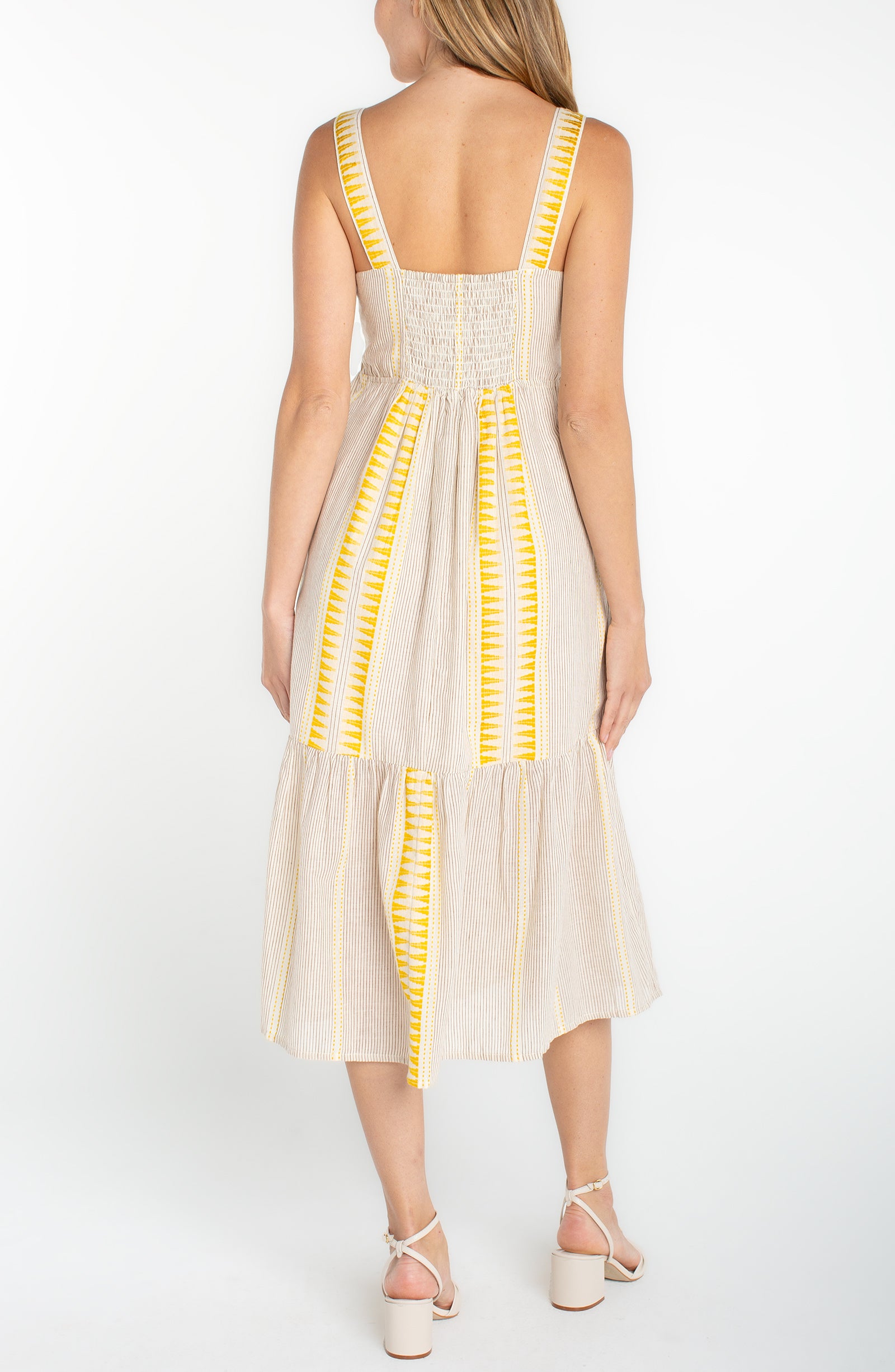 Aztec Embroidered Sleeveless Midi Dress Cream + Brown Stripe