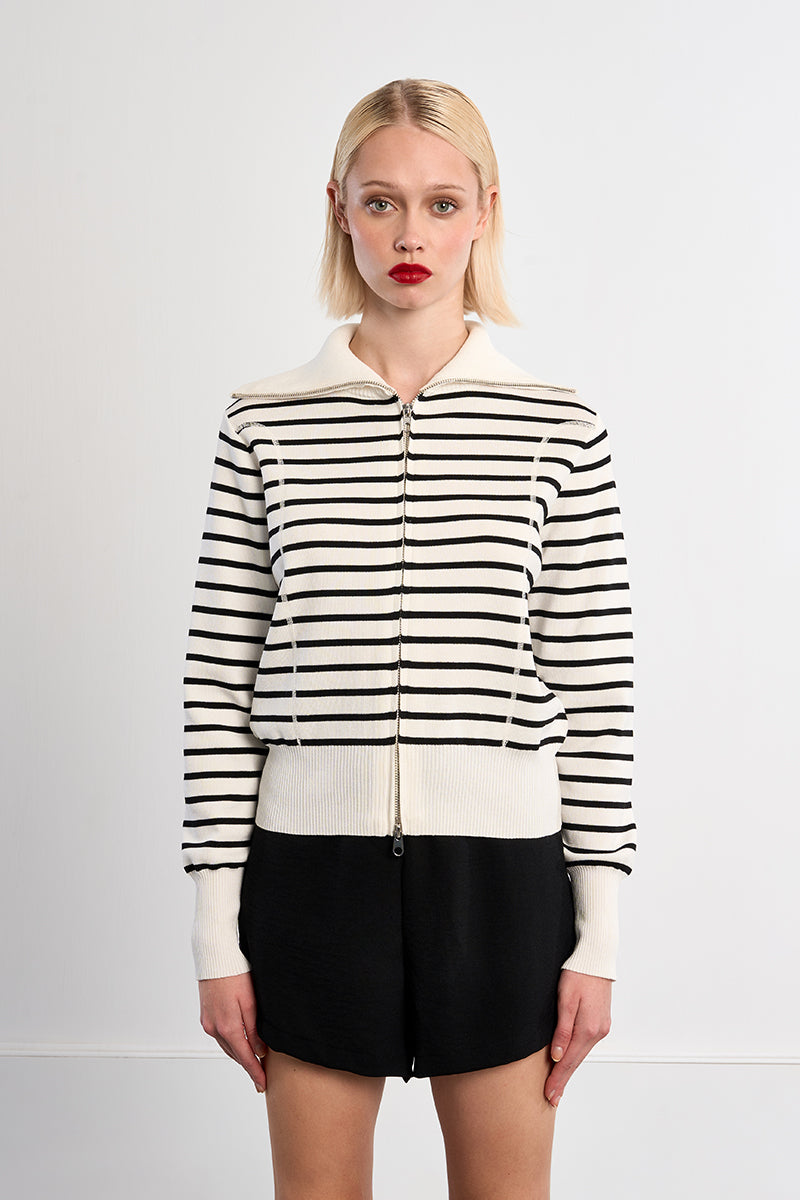 Stripe Oversize Collar Zip Cardi Off White
