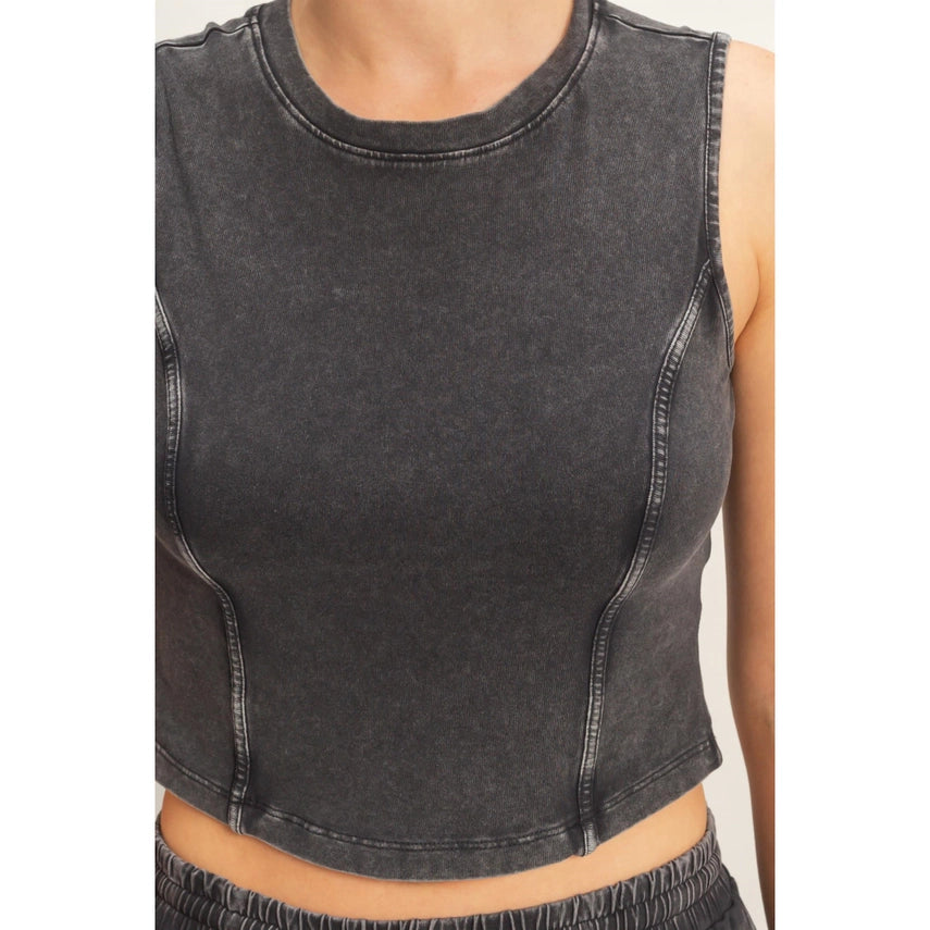 Mineral Washed Tank Wide Leg Pants Set Black