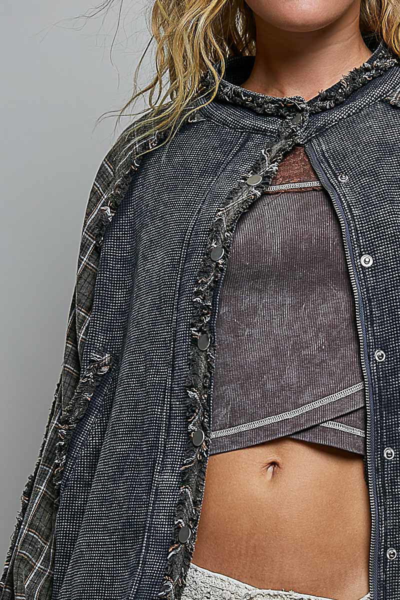 Thermal Plaid Sleeve Frayed Seams Jacket Charcoal