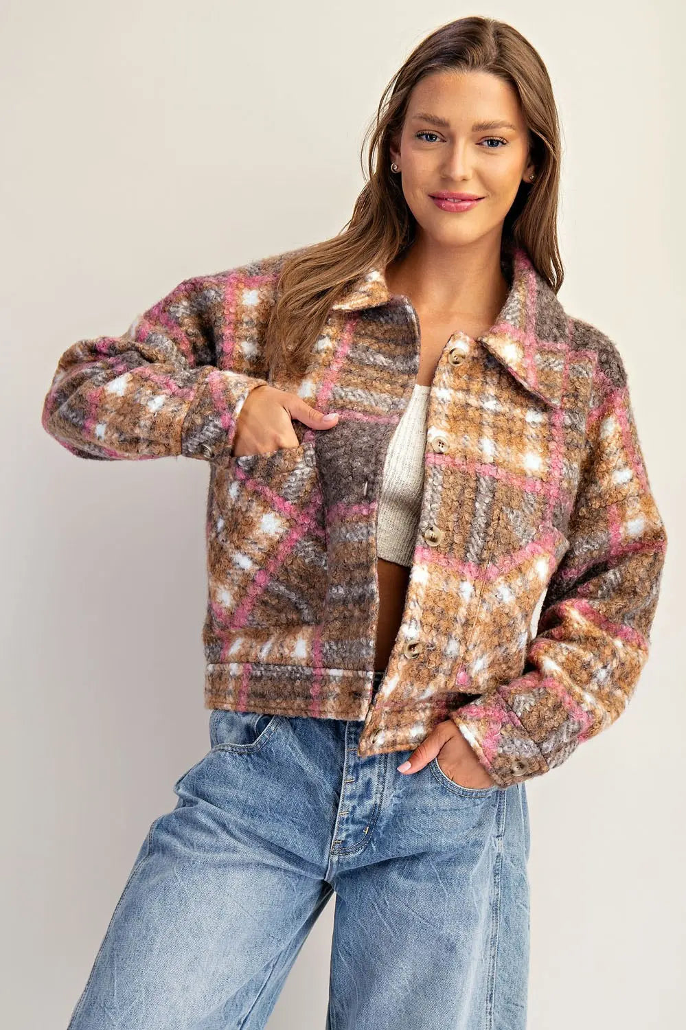 Plaid Boucle Collared Jacket Toffee Brown