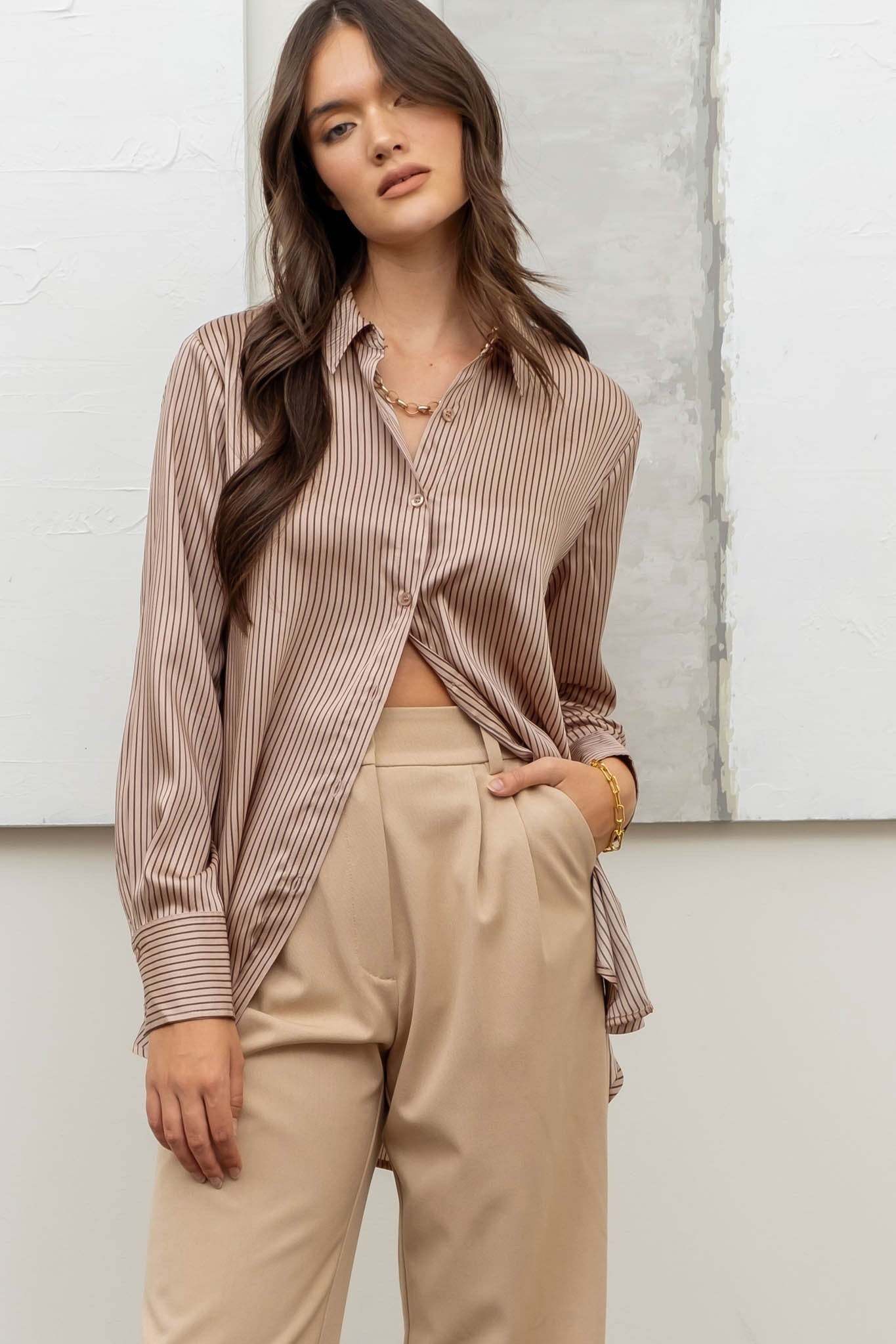 Pinstripe Button Up Woven Top Light Mocha