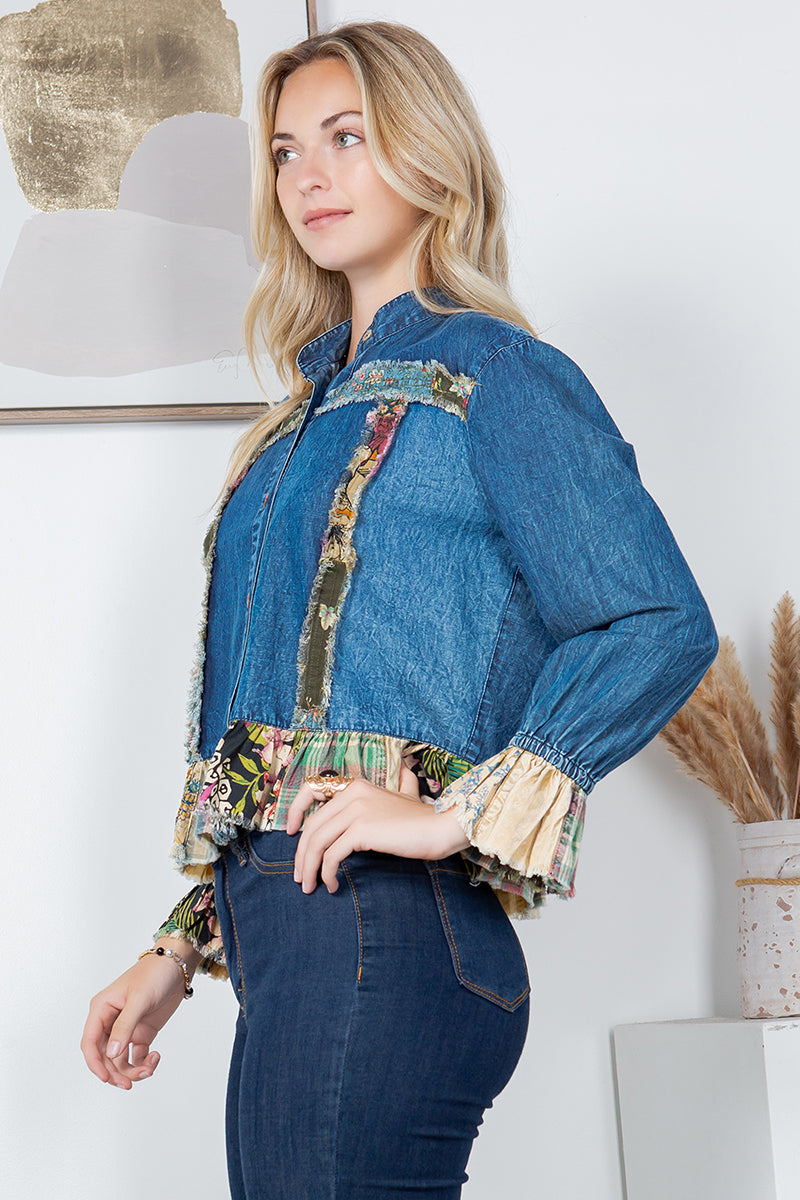 Western Boho Patch Pocket Crop Denim Jacket Denim