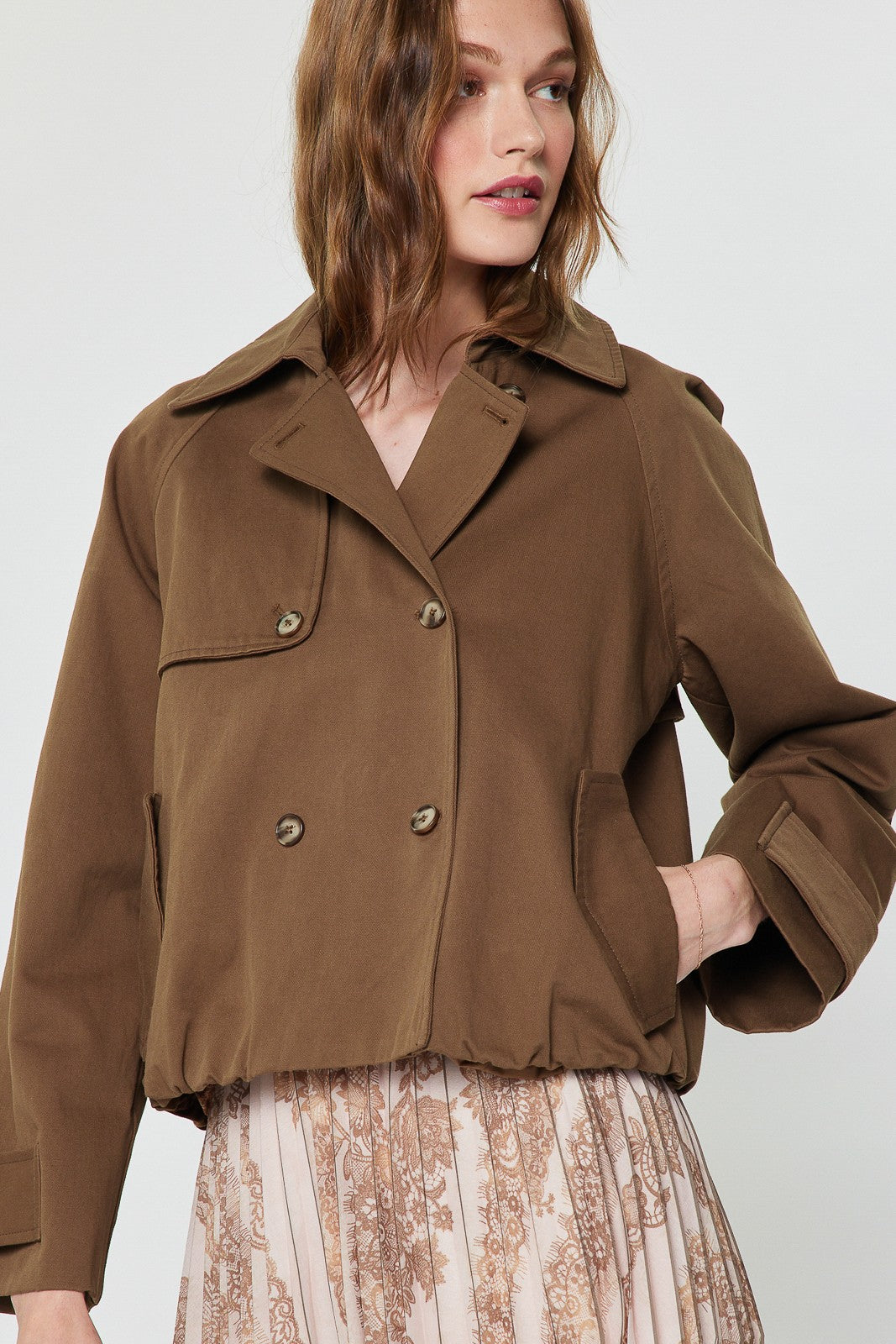 Bubble Hem Cropped Trench Style Coat Brown