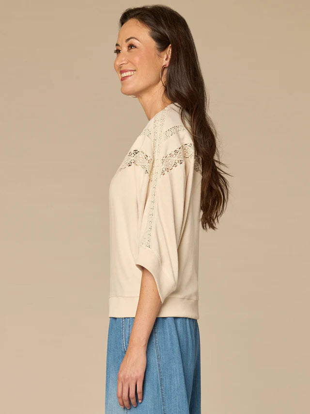 Banded Hem Crochet Detail Knit Top Birch