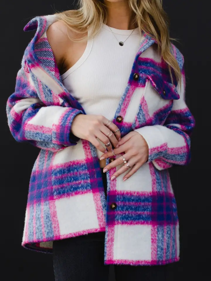 Buttoned Closure Plaid Shacket Blue, Pink + White