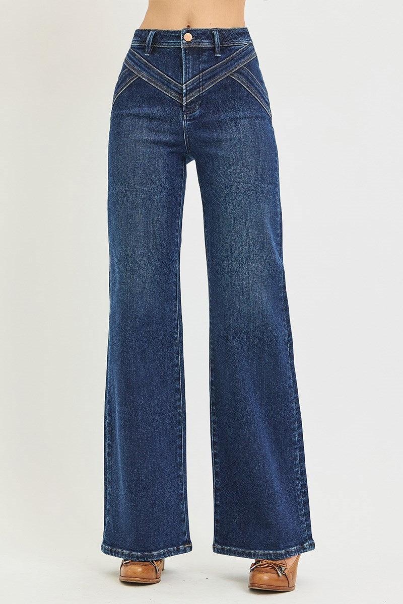 High Rise Wide Leg Western Yoke Detail Jeans Dark