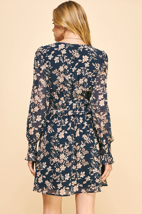 Ruffle Waist Long Sleeve Floral Mini Dress Deep Navy Multi